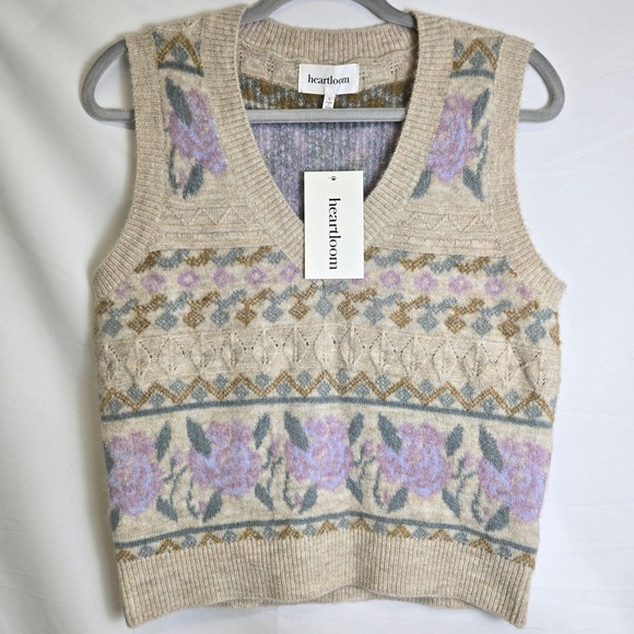 Heartloom Sweaters - Heartloom Cottagecore Jacquard Floral Sweater Vest, Oat Beige, Small 236S52A NEW
